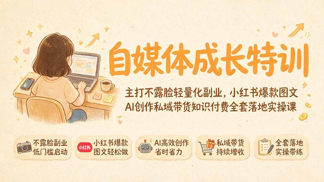 自媒体成长特训｜主打不露脸轻量化副业，小红书爆款图文AI创作私域带货知识付费全套落地实操课-优优云创网