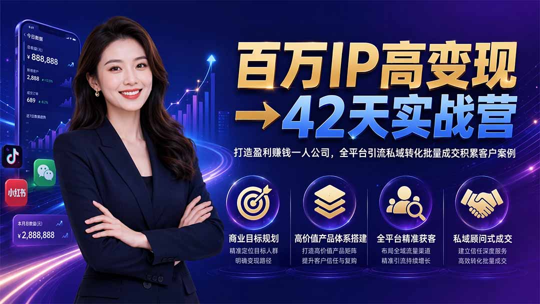 百万IP高变现→42天实战营｜打造盈利赚钱一人公司，全平台引流私域转化批量成交积累客户案例-优优云创网