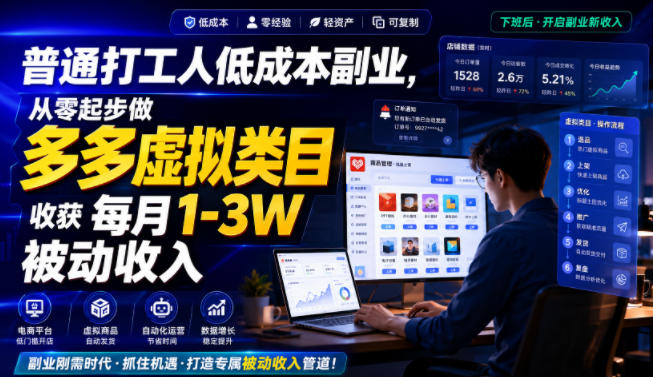 普通打工人低成本副业，从零起步做多多虚拟类目，收获每月1-3W被动收入【揭秘】-优优云创网