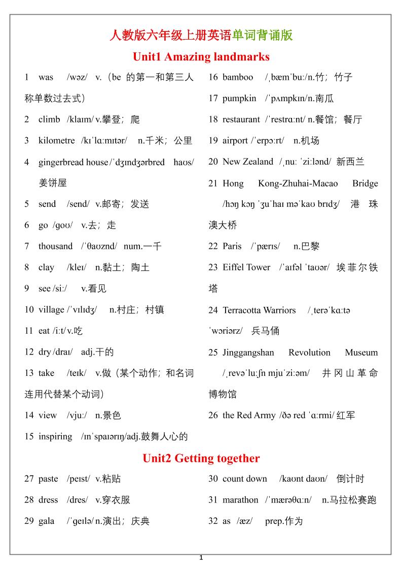 六年级上册英语单词（背诵表）-优优云创网