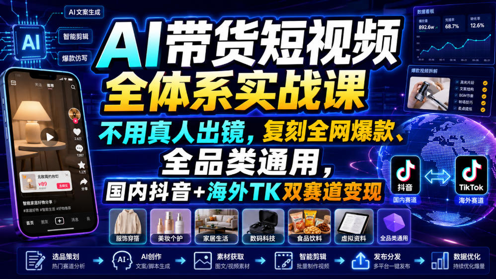 AI带货短视频全体系实战课，不用真人出镜，复刻全网爆款、全品类通用，国内抖音+海外TK双赛道变现-优优云创网