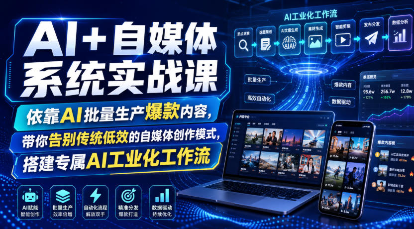AI+自媒体系统实战课，依靠AI批量生产爆款内容，带你告别传统低效的自媒体创作模式，搭建专属AI工业化工作流-优优云创网