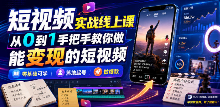 短视频实战线上课，从0到1手把手教你做能变现的短视频，零基础可学，落地起号做爆款-优优云创网