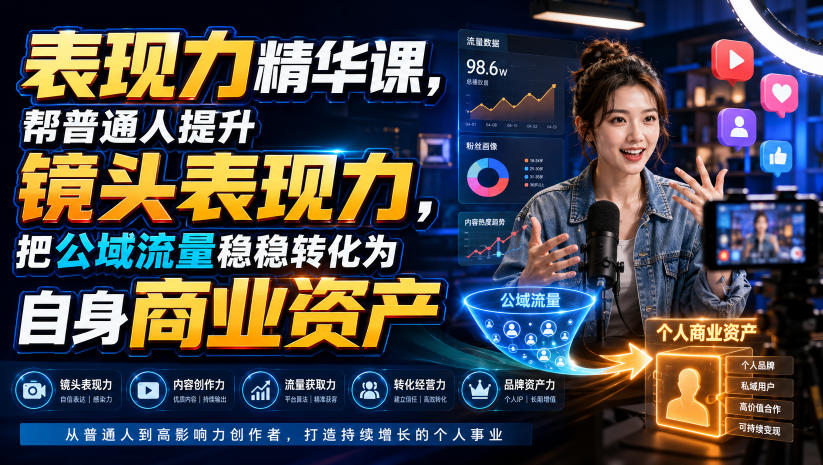 表现力精华课,帮普通人提升镜头表现力,把公域流量稳稳转化为自身商业资产-优优云创网