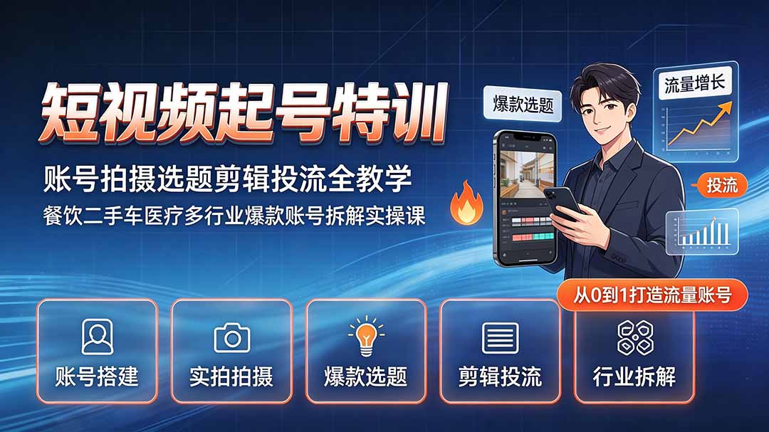 短视频起号特训｜账号拍摄选题剪辑投流全教学，餐饮二手车医疗多行业爆款账号拆解实操课-优优云创网