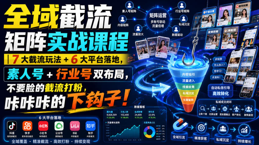 全域截流矩阵实战课程｜7大截流玩法+6大平台落地，素人号+行业号双布局，不要脸的截流打粉，咔咔咔的下钩子！-优优云创网