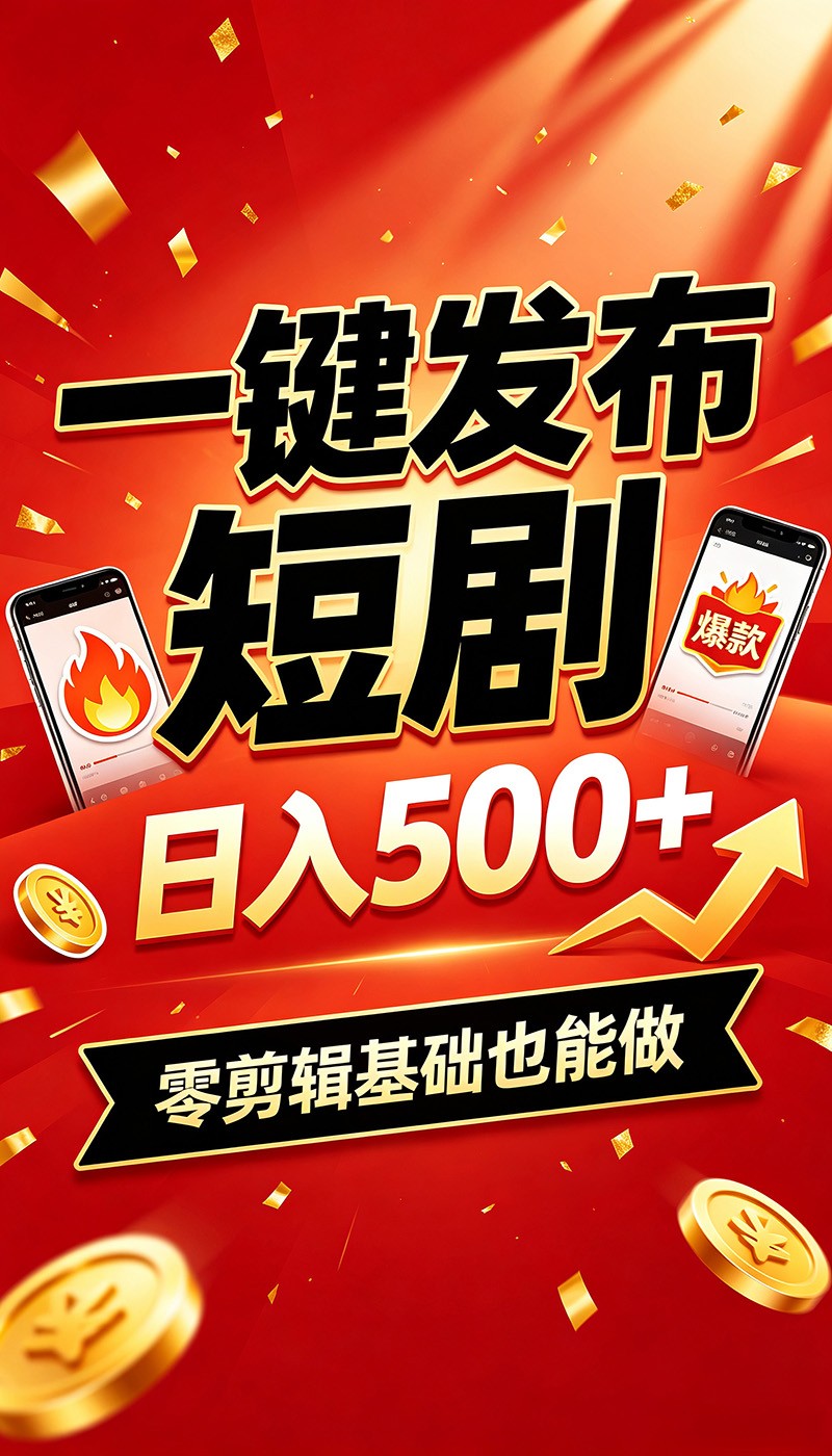 快手短剧一键发布，不用剪辑操作简单，副业日入500+。空闲时间轻松赚收益-优优云创网