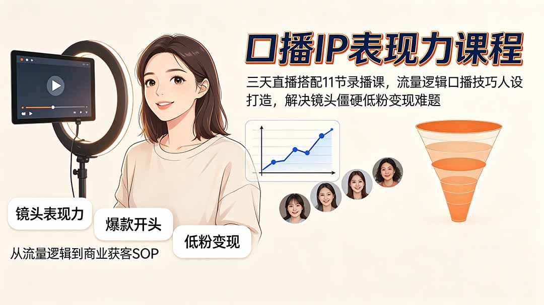口播IP表现力课程|三天直播搭配11节录播课,流量逻辑口播技巧人设打造,解决镜头僵硬低粉变现难题-优优云创网