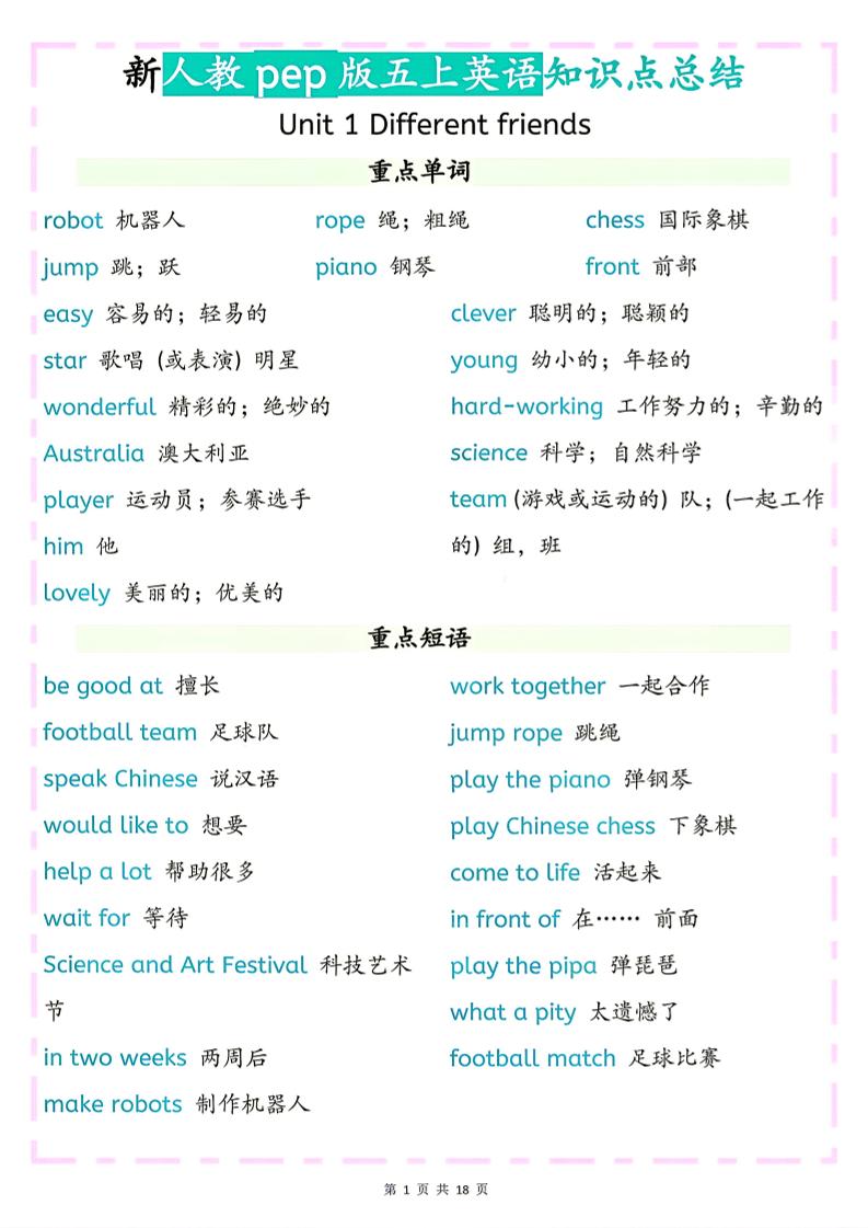 26秋新人教pep版五上英语知识点总结-优优云创网