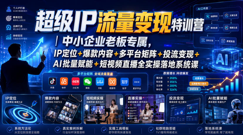 超级IP流量变现特训营｜中小企业老板专属，IP定位+爆款内容+多平台矩阵+投流变现+AI批量赋能+短视频直播全实操落地系统课-优优云创网