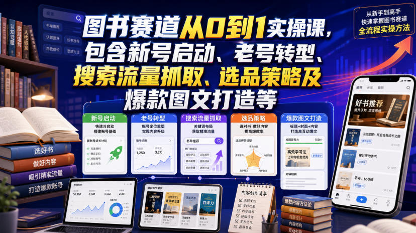 20260730122310503-00b32232a553d568d807a49d568fb50e 图书赛道从0到1实操课,包含新号启动、老号转型、搜索流量抓取、选品策略及爆款图文打造等