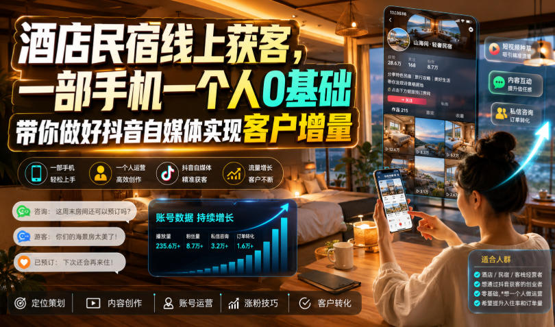 酒店民宿线上获客，一部手机一个人0基础带你做好抖音自媒体实现客户增量-优优云创网