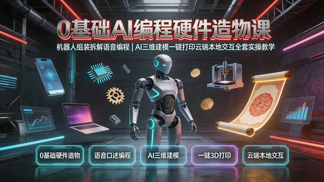 0基础AI编程硬件造物课|机器人组装拆解语音编程,AI三维建模一键打印云端本地交互全套实操教学-优优云创网