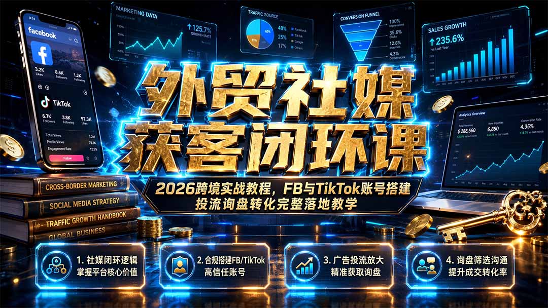 外贸社媒获客闭环课｜2026跨境实战教程，FB与TikTok账号搭建投流询盘转化完整落地教学-优优云创网