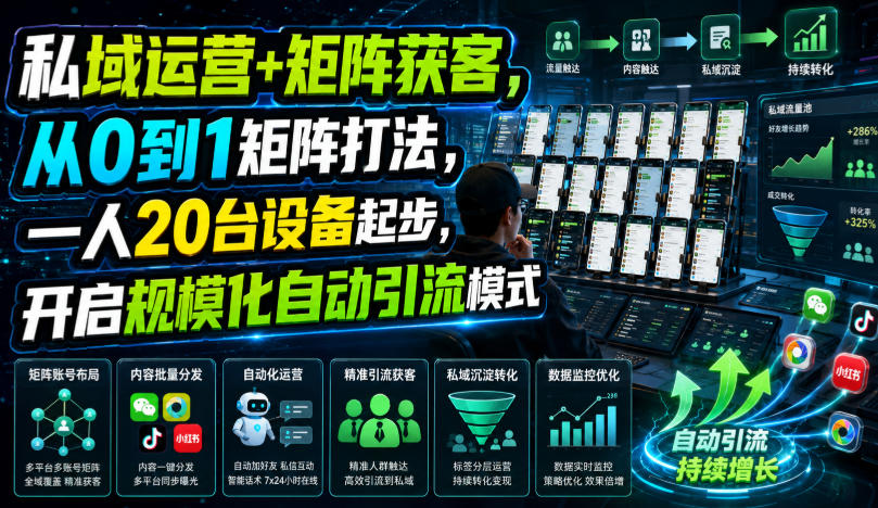 私域运营+矩阵获客,从0到1矩阵打法,一人20台设备起步,开启规模化自动引流模式!-优优云创网