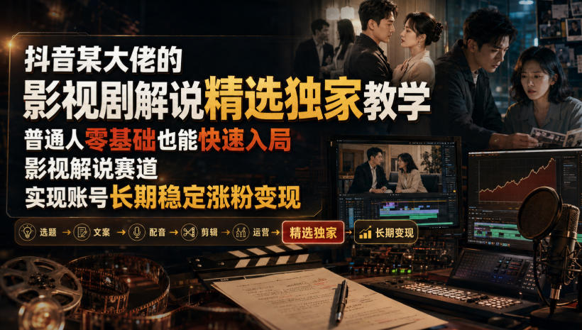 抖音某大佬的影视剧解说精选独家教学，普通人零基础也能快速入局影视解说赛道，实现账号长期稳定变现-优优云创网