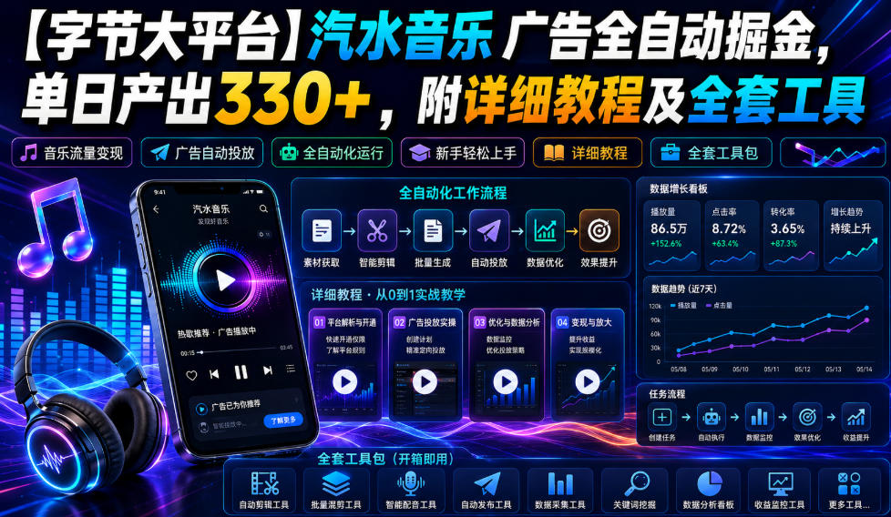 【字节大平台】汽水音乐广告全自动掘金，单日产出330+，附详细教程及全套工具【揭秘】-优优云创网