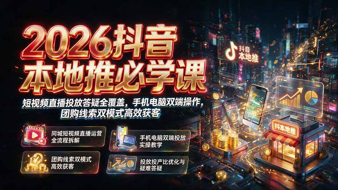2026抖音本地推必学课|短视频直播投放答疑全覆盖,手机电脑双端操作,团购线索双模式高效获客-优优云创网