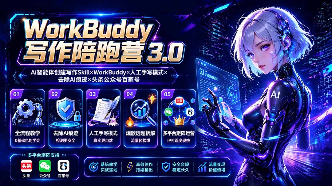 WorkBuddy写作陪跑营3.0-更新:Ai智能体创建写作Skill×WorkBuddy×人工手写模式×去除AI痕迹×头条公众号百家号-优优云创网