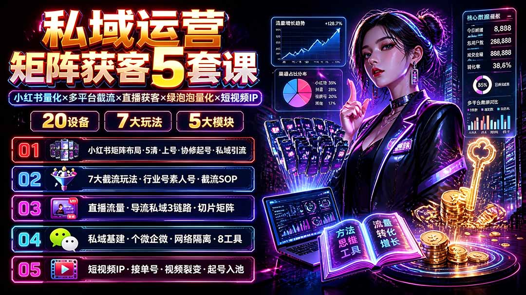 私域运营矩阵获客5套课：小红书量化×多平台截流×直播获客×绿泡泡量化×短视频IP×20设备×7大玩法-优优云创网