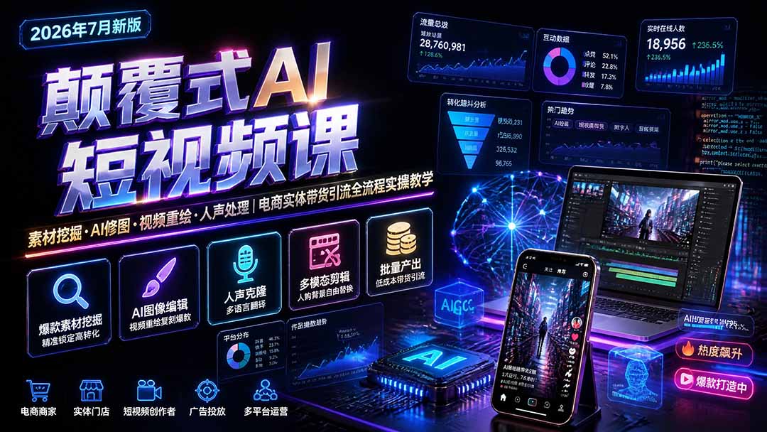 颠覆式AI短视频课｜素材挖掘，AI修图，视频重绘，人声处理｜电商实体带货引流全流程实操教学-优优云创网