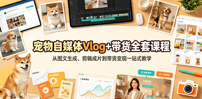 宠物自媒体Vlog+带货全套课程|从图文生成、剪辑成片到带货变现一站式教学-优优云创网