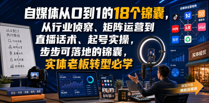 自媒体从0到1的18个锦囊，从行业侦察、矩阵运营到直播话术、起号实操，步步可落地的锦囊，实体老板转型必学-优优云创网