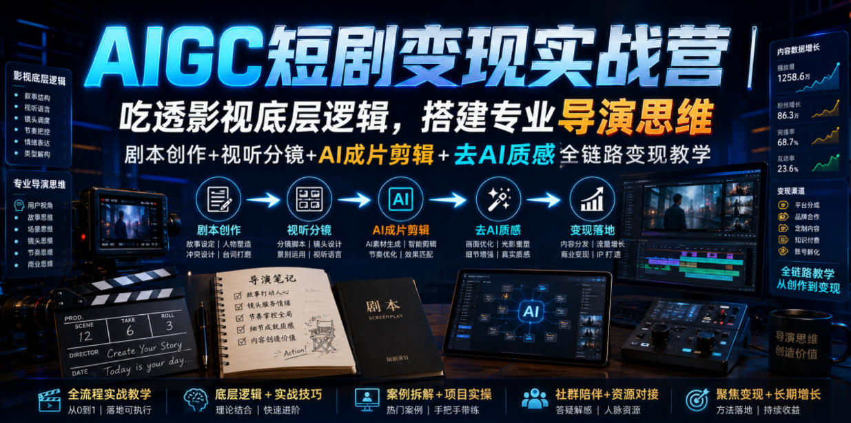 AIGC短剧变现实战营|吃透影视底层逻辑,搭建专业导演思维,剧本创作+视听分镜+AI成片剪辑+去AI质感全链路变现教学-优优云创网