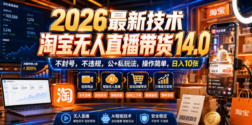 2026最新技术,淘宝无人直播带货14.0,不封号,不违规,公+私玩法,操作简单,日入10张【揭秘】-优优云创网