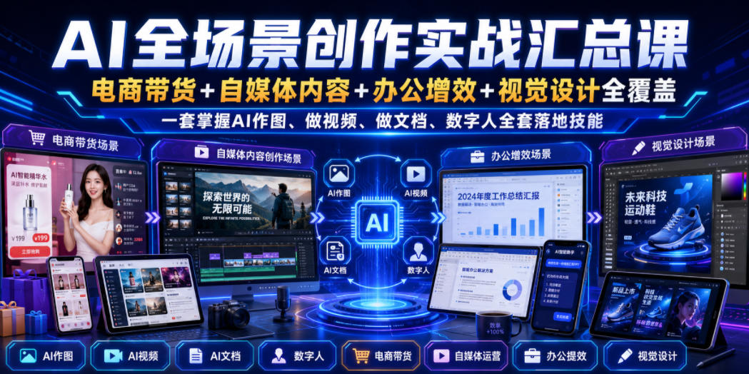 AI全场景创作实战汇总课｜电商带货+自媒体内容+办公增效+视觉设计全覆盖，一套掌握AI作图、做视频、做文档、数字人全套落地技能-优优云创网