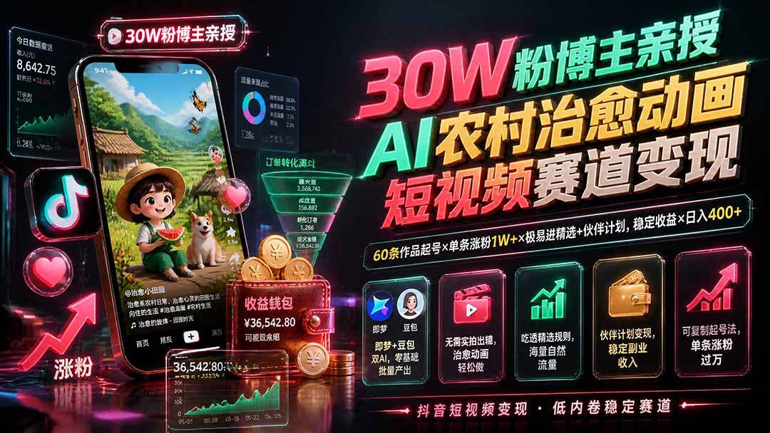 30W粉博主亲授AI农村治愈动画短视频赛道变现:60条作品起号×单条涨粉1W+×极易进精选+伙伴计划,稳定收益×日入400+-优优云创网