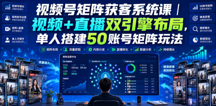 视频号矩阵获客系统课|视频+直播双引擎布局,单人搭建50账号矩阵玩法,流量入池、搜索占位、全域引流沉淀私域全流程教学-优优云创网