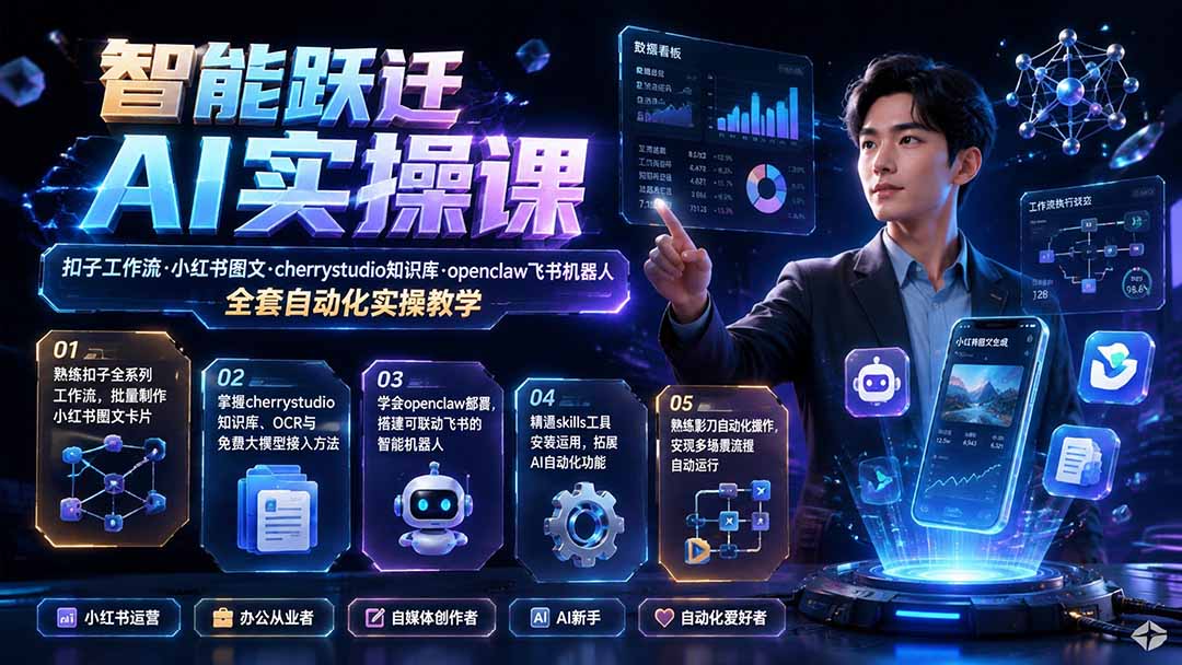 智能跃迁 AI实操课｜扣子工作流小红书图文搭建，cherrystudio知识库openclaw飞书机器人全套自动化实操教学-优优云创网