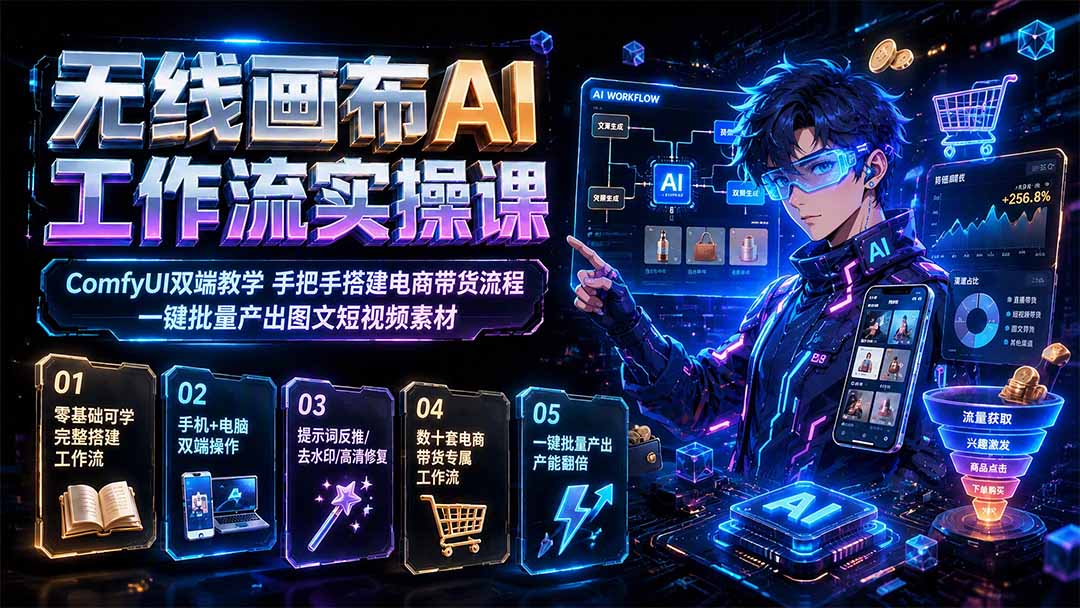 无线画布AI工作流实操课｜ComfyUI双端教学，手把手搭建电商带货流程，一键批量产出图文短视频素材-优优云创网
