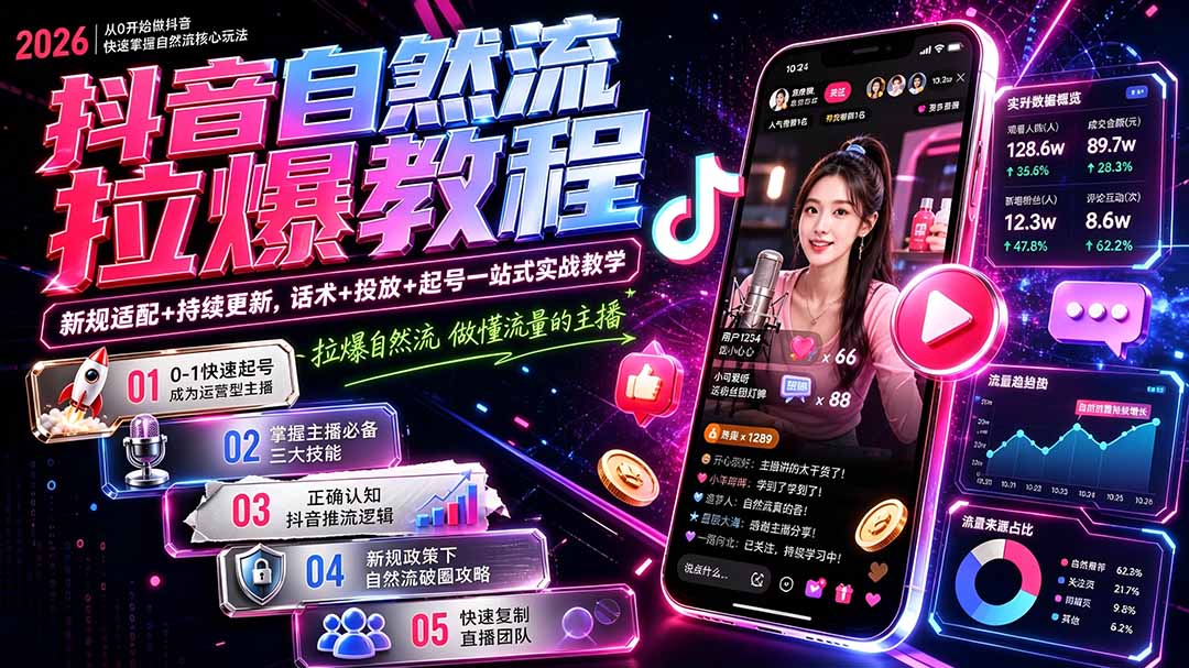 抖音自然流拉爆教程-更新7月：做懂流量的主播，新规适配+持续更新，话术+投放+起号一站式实战教学-优优云创网
