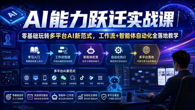 AI能力跃迁实战课|零基础玩转多平台AI新范式,工作流+智能体自动化全落地教学-优优云创网