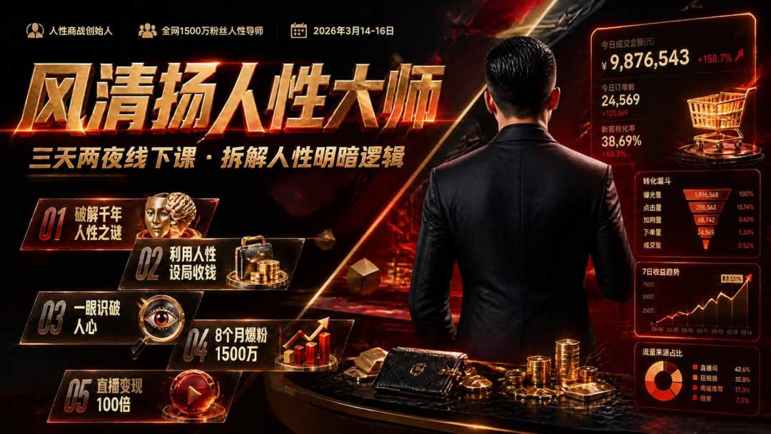 风清扬人性大师-三天两夜3月14-16线下课2026年|拆解人性明暗逻辑,识人避坑,千万粉涨粉+直播百倍变现实战教学-优优云创网