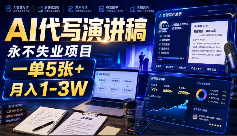AI代写演讲稿，永不失业项目，一单5张+，月入1-3W【揭秘】-优优云创网