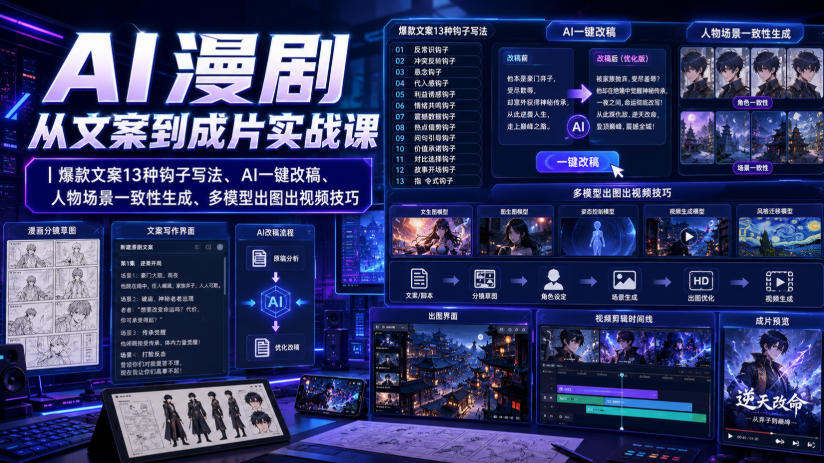 20260803202308683-14950b59e98855178b163198e9b759b3 AI漫剧从文案到成片实战课|爆款文案13种钩子写法、AI一键改稿、人物场景一致性生成、多模型出图出视频技巧