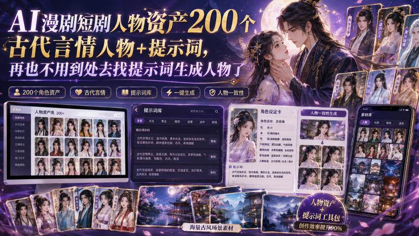 AI漫剧短剧人物资产200个古代言情人物+提示词，再也不用到处去找提示词生成人物了-优优云创网