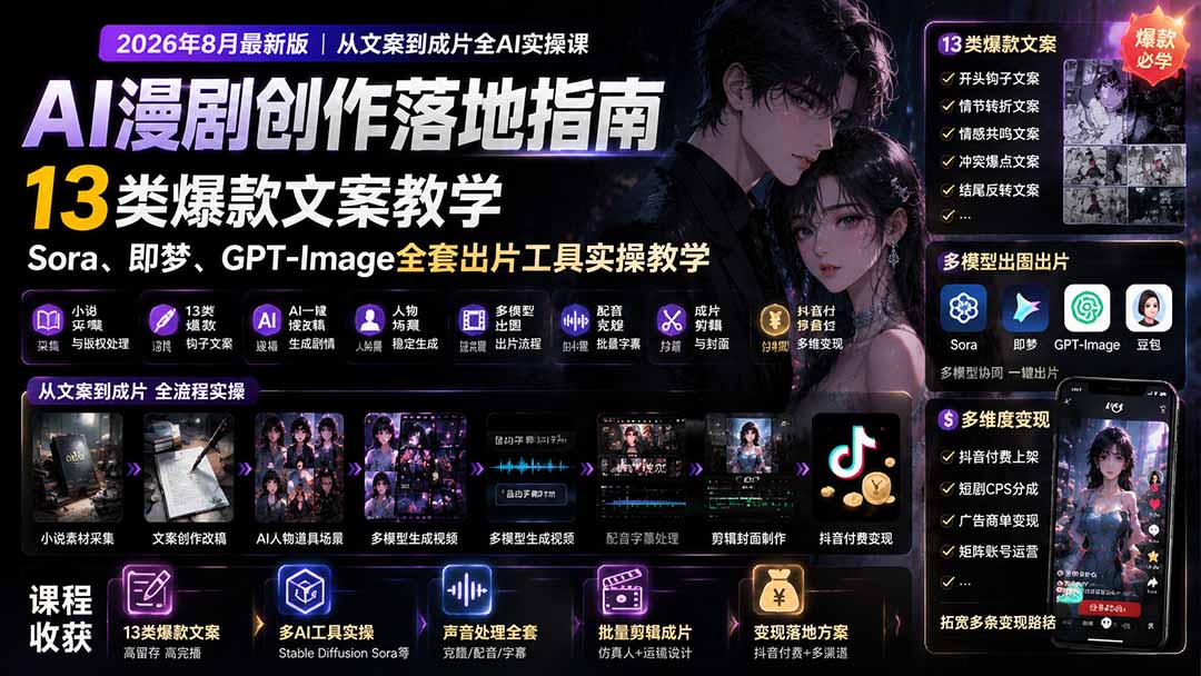 AI漫剧创作落地指南｜13类爆款文案教学，Sora、即梦、GPT-Image全套出片工具实操教学-优优云创网