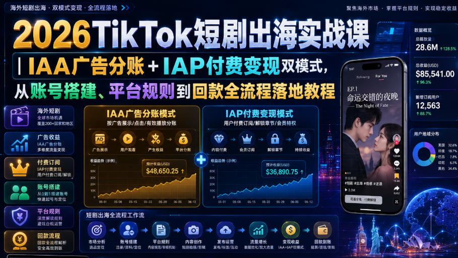 2026TikTok短剧出海实战课｜IAA广告分账+IAP付费变现双模式，从账号搭建、平台规则到回款全流程落地教程-优优云创网