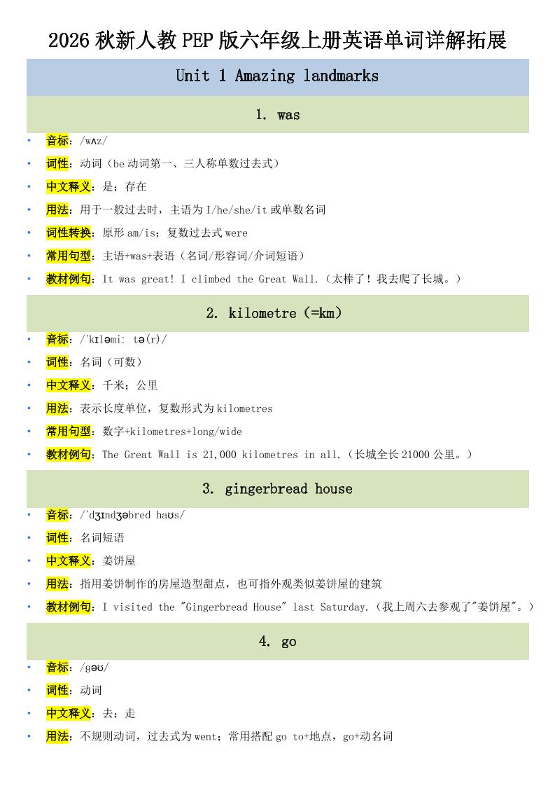 2026秋PEP人教版六年级上册英语U1-U6单词短语全解-优优云创网