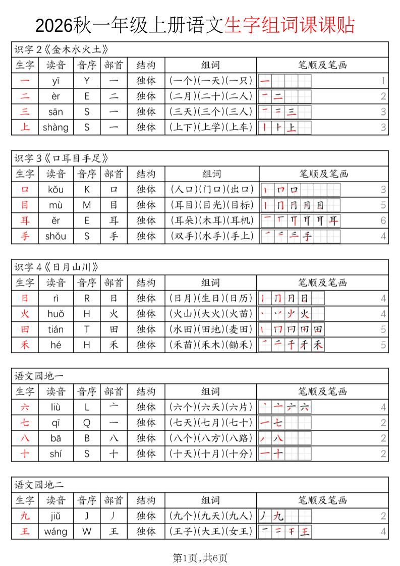 2026秋一年级上册语文生字组词课课贴-优优云创网