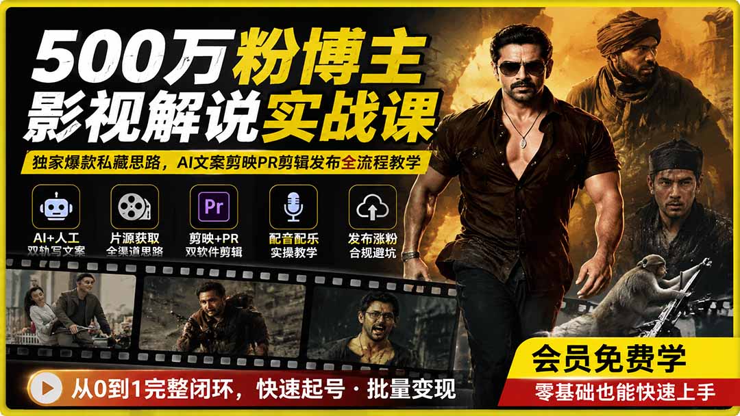 500万粉博主影视解说实战课｜独家爆款私藏思路，AI文案剪映PR剪辑发布全流程教学-优优云创网