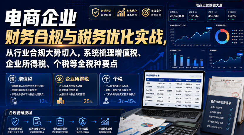 电商企业财务合规与税务优化实战，从行业合规大势切入，系统梳理增值税、企业所得税、个税等全税种要点-优优云创网