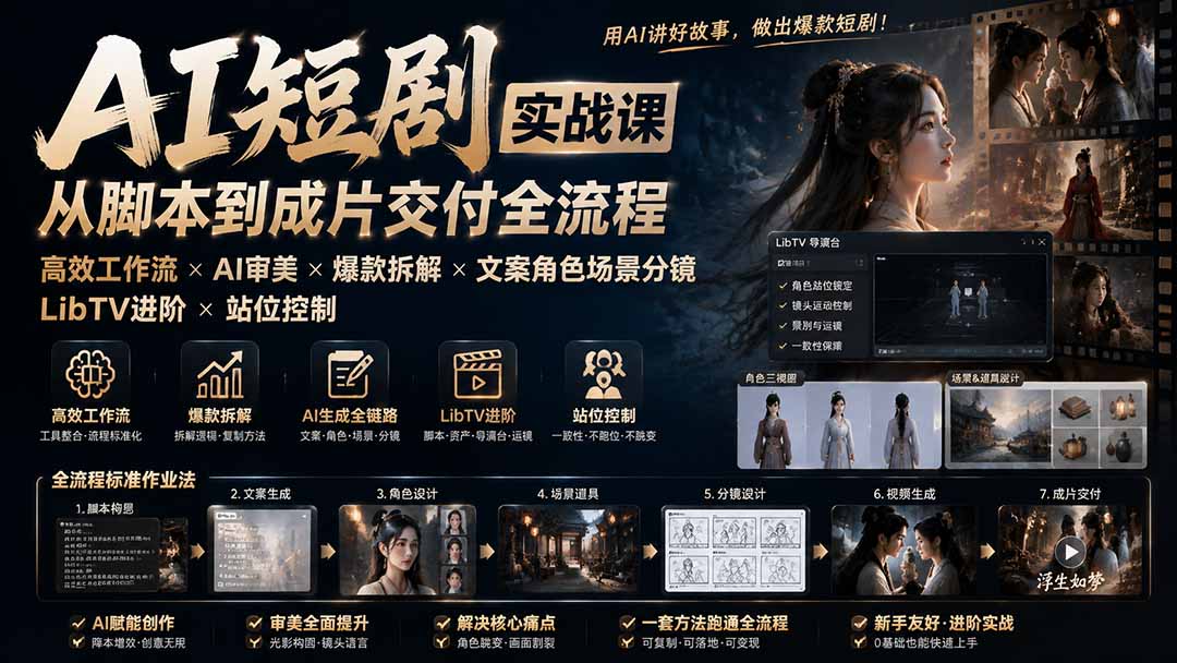 AI短剧实战课:高效工作流×AI审美×爆款拆解×文案角色场景分镜×LibTV进阶×站位控制×从脚本到成片交付全流程-优优云创网