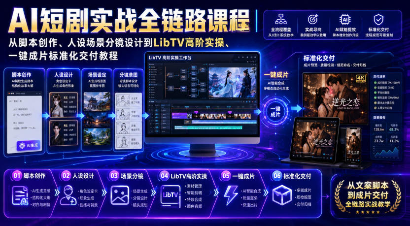AI短剧实战全链路课程|从脚本创作、人设场景分镜设计到LibTV高阶实操、一键成片标准化交付教程-优优云创网
