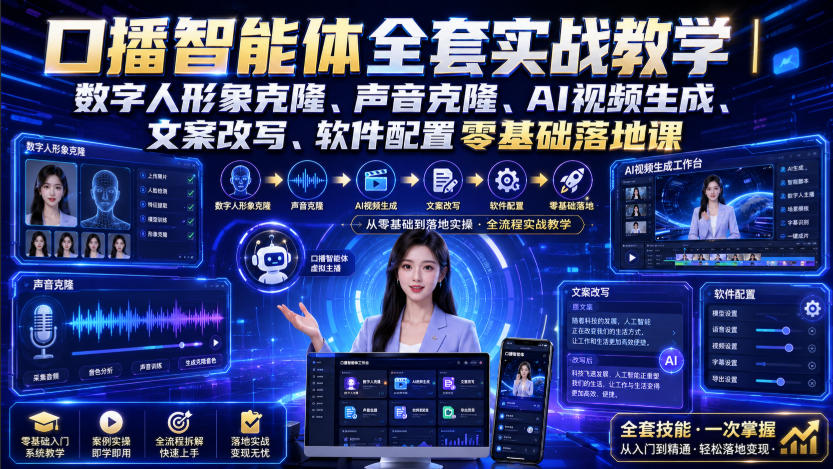 口播智能体全套实战教学|数字人形象克隆、声音克隆、AI视频生成、文案改写、软件配置零基础落地课-优优云创网