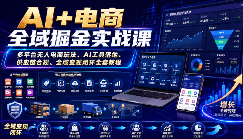 AI+电商全域掘金实战课|多平台无人电商玩法、AI工具落地、供应链合规、全域变现闭环全套教程-优优云创网